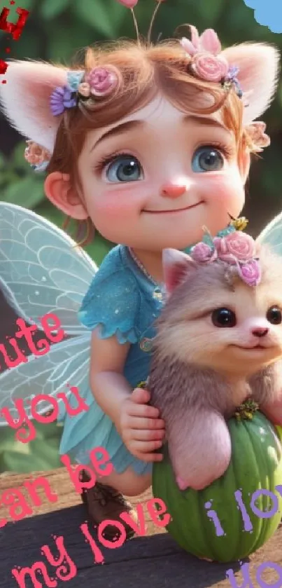 Adorable fairy child with fluffy friend in garden.