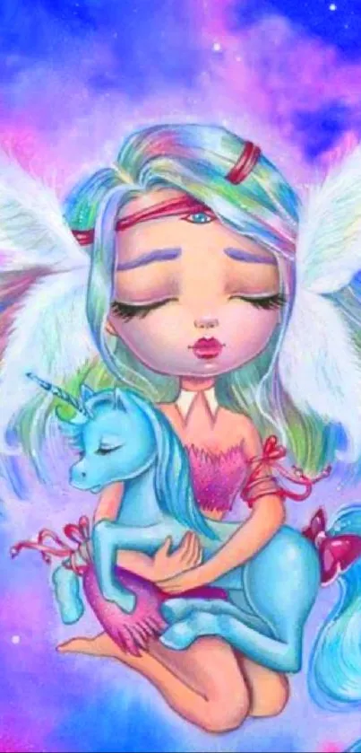 Whimsical fairy with unicorn in pastel colors.