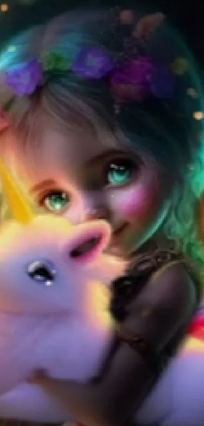 Colorful fairy hugging unicorn with glowing fairy lights.