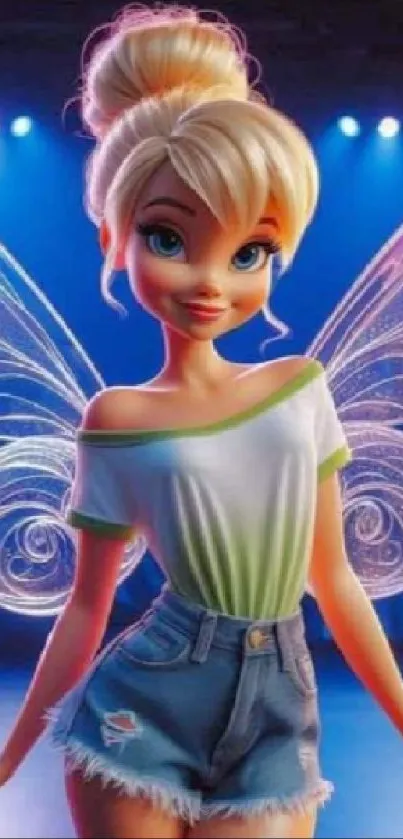 Fairy character with wings in a vibrant, colorful setting.