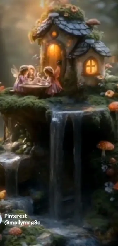 Magical fairy house with waterfall in forest.