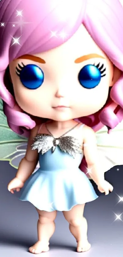 Cute fairy doll with purple hair and wings on a mobile wallpaper.