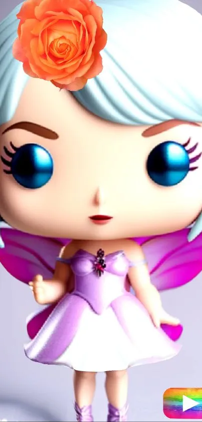 Whimsical fairy doll with pink wings and a vibrant flower.