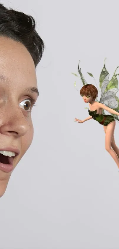 Surprised person faces a whimsical fairy in a magical mobile wallpaper.