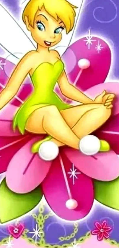 Fairy sitting on a pink flower with a purple background, surrounded by stars.