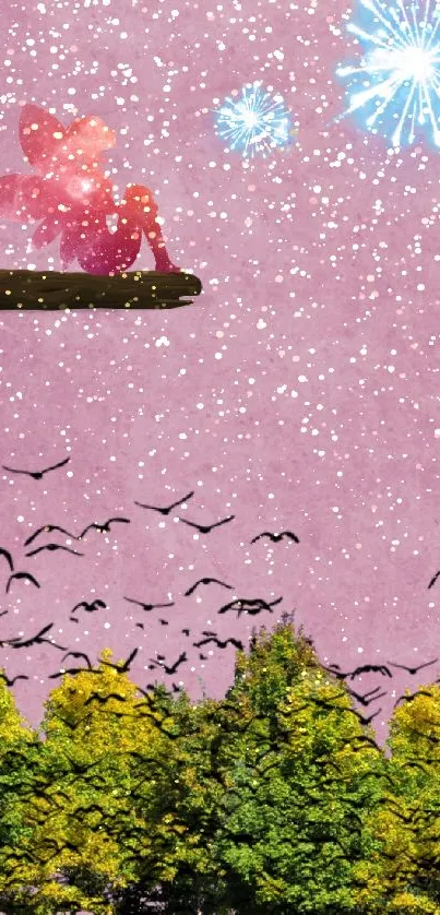 Whimsical fairy sits above a forest with fireworks on a pink background.