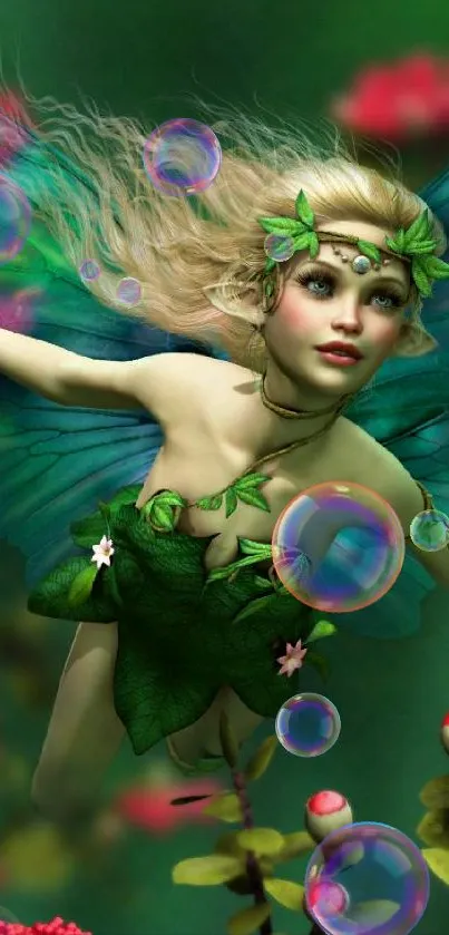 Whimsical fairy amid lush green leaves and pink flowers.