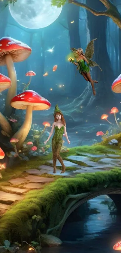 Fairy walking on a path among glowing mushrooms under a mystical moonlit sky.