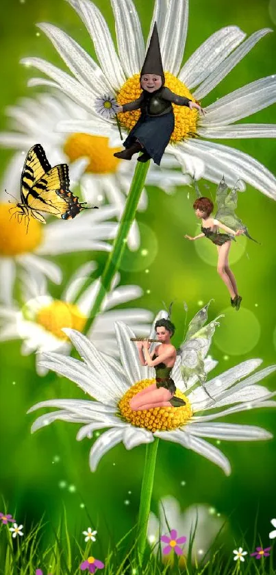 Whimsical garden wallpaper with fairies and daisies.