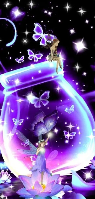 Whimsical fairy and butterflies surrounding glowing jar.