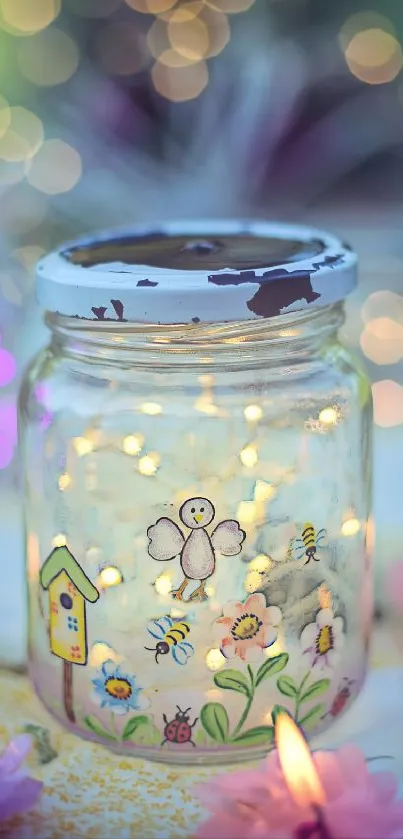 Decorative jar with fairy lights and floral designs for mobile wallpaper.