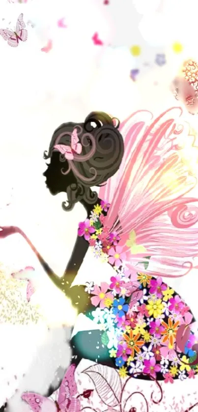 Whimsical fairy silhouette with pink wings and floral dress on a magical background.