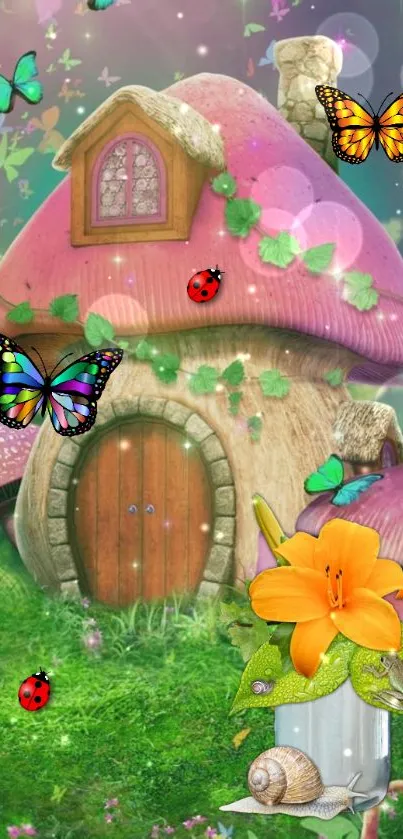 Whimsical wallpaper with a fairy mushroom house and butterflies.