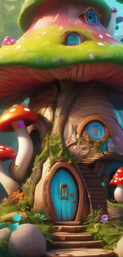 Whimsical fairy mushroom house with colorful surroundings.