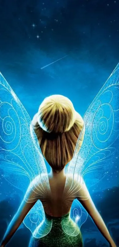 Fairy with glowing wings against a blue night sky.