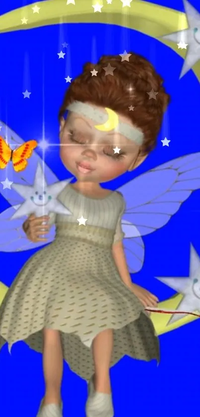 Whimsical fairy with stars and crescent moon on blue background.