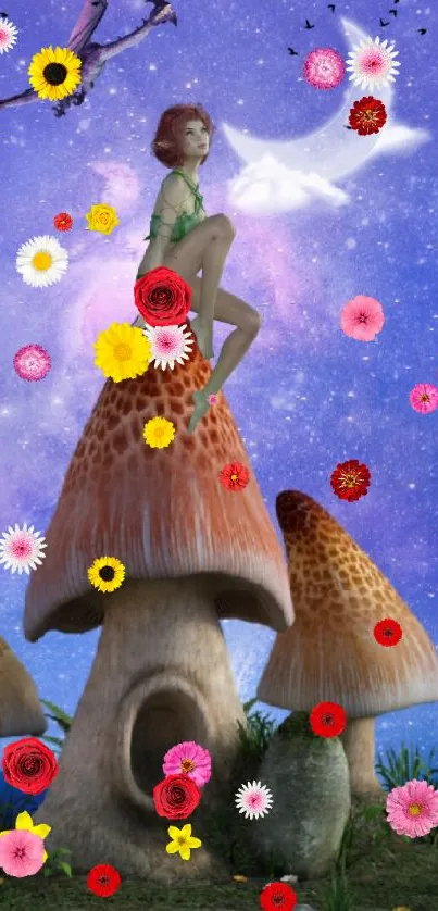 Whimsical fairy sitting on mushroom among colorful flowers.