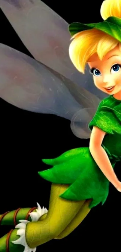 Whimsical fairy in green attire with wings on black background.