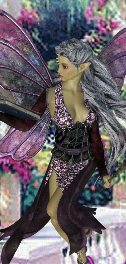 Fairy with silver hair reading, vibrant purple wings.