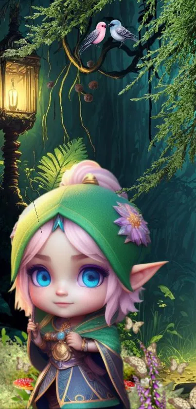 Cute elf in magical forest with birds and lantern.