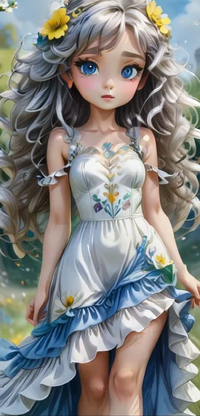 Anime girl in a fanciful dress standing in a lush green woodland.