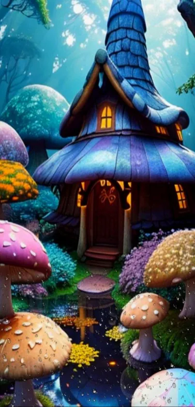 Enchanted cottage in magical, colorful mushroom forest.