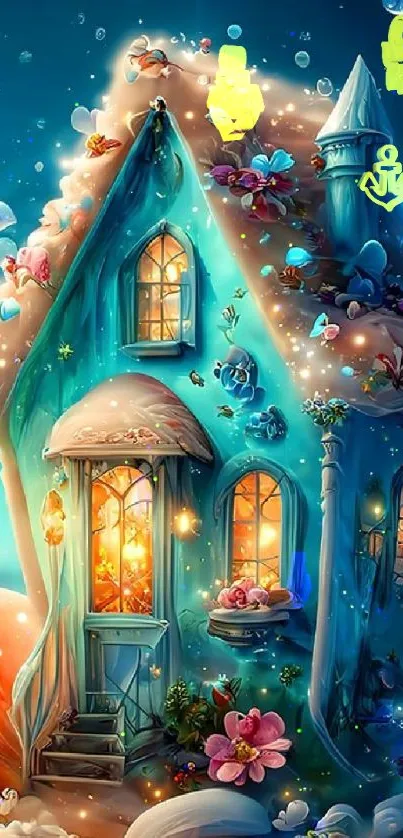 Whimsical fairy tale cottage with glowing lights and butterflies.