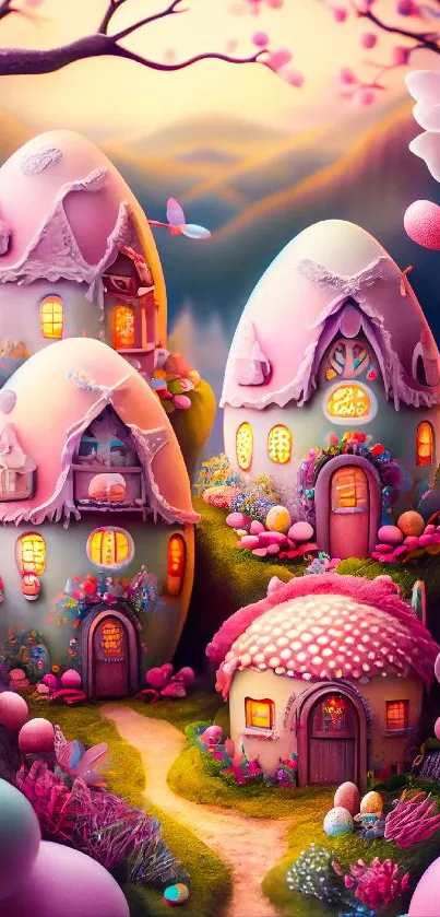 Whimsical fairy tale houses in pastel colors with magical details.