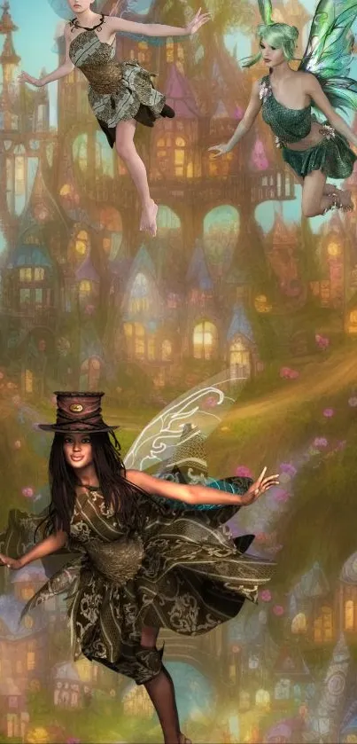 Fairy tale wallpaper with fairies and a mystical castle scene.