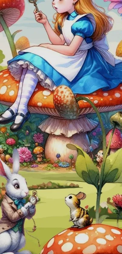 Alice sitting on a mushroom in a fantasy world with a rabbit and guinea pig.