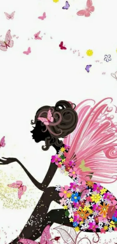 Whimsical fairy with pink wings and butterflies on mobile wallpaper.