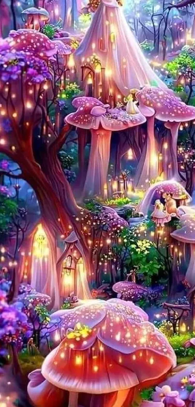 Vibrant fairy forest with glowing mushrooms.