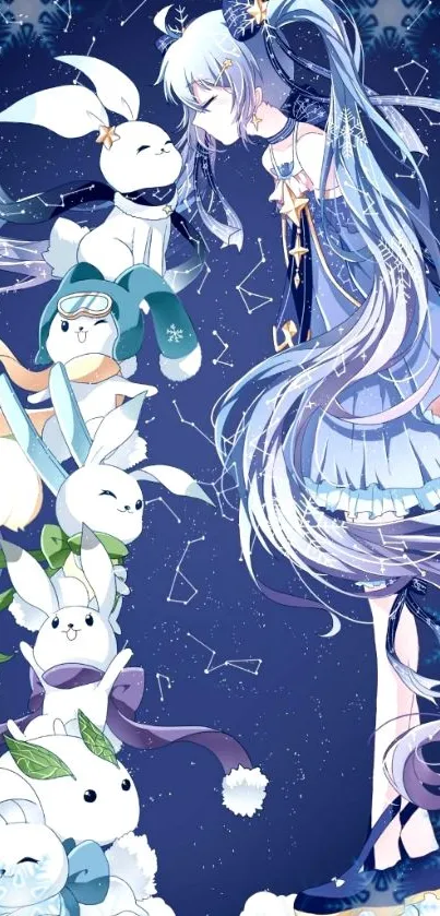 Whimsical anime wallpaper with magical creatures and starry night.