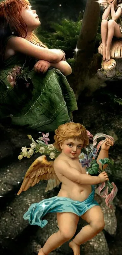 Whimsical wallpaper featuring cherubs and a fairy in a lush, enchanted forest.