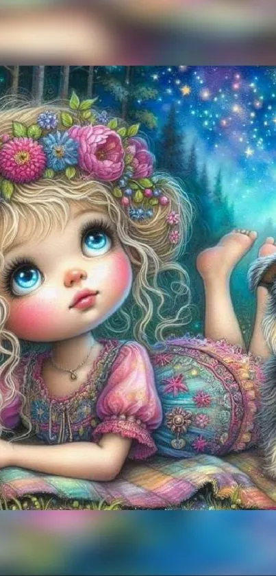 Whimsical fantasy art wallpaper with a girl and puppy under a starlit sky.