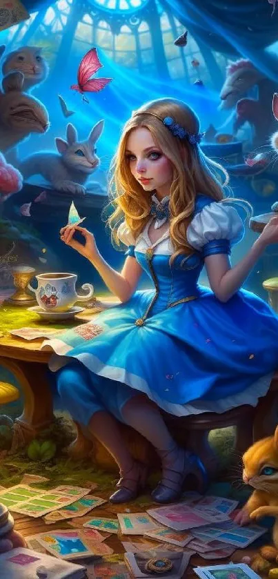 Fantasy scene featuring a girl in a blue dress surrounded by magical creatures.
