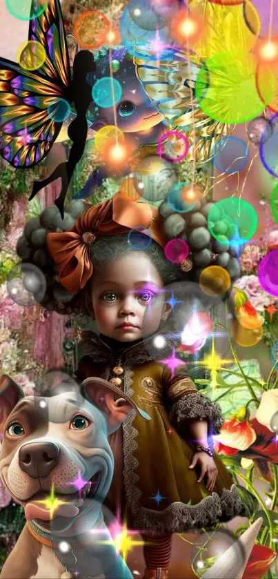 Whimsical fantasy art with a doll and dog in vibrant colors.