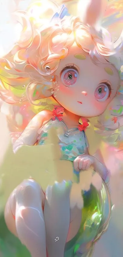 Whimsical fantasy art mobile wallpaper featuring a cute character with pastel hues.