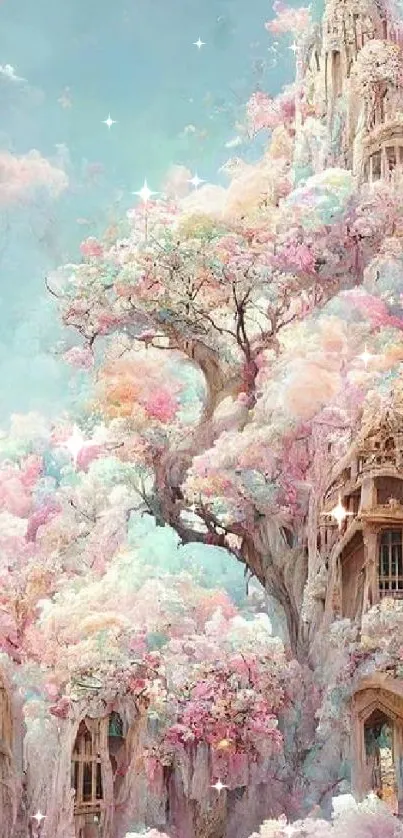 Whimsical fantasy castle with pastel clouds.