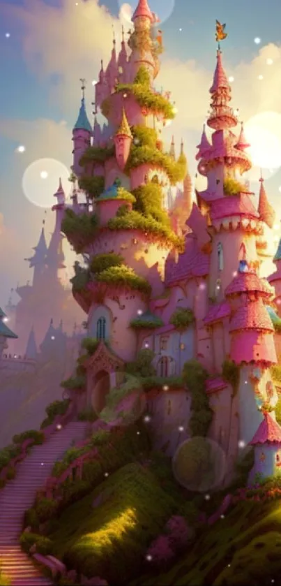 Fantasy castle with pink towers and lush greenery under a sunset sky.