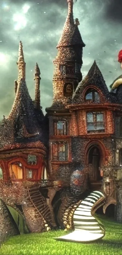 Whimsical fantasy castle with vibrant colors.