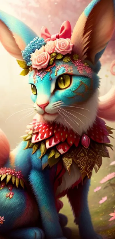 Whimsical fantasy cat with floral attire in an enchanted forest setting.