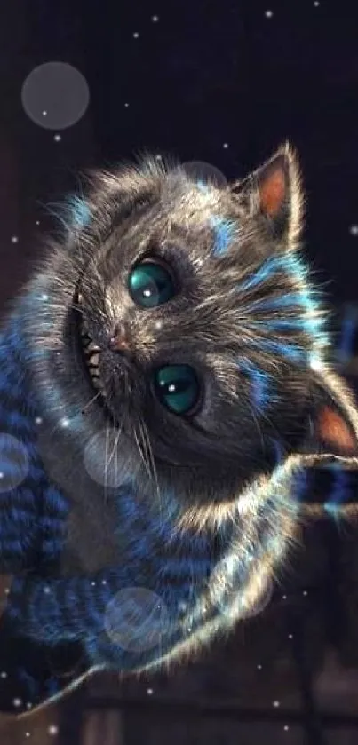 Fantasy cat with blue stripes and glowing eyes on a dark background.