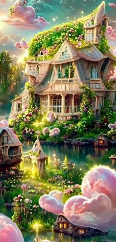 Whimsical fantasy homes in lush cloud village.