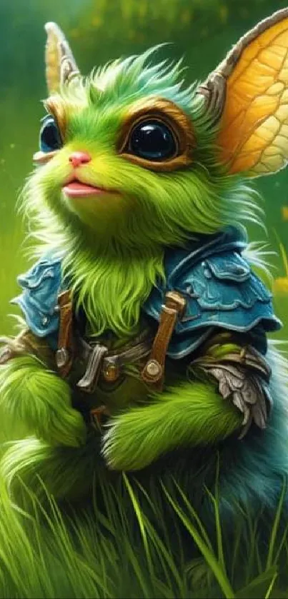 Fantasy art of a cute green creature in a vibrant meadow setting.