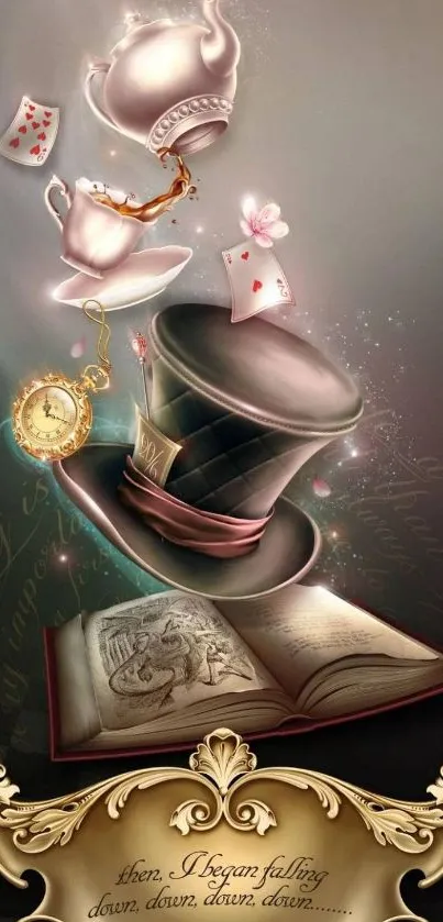 Whimsical fantasy wallpaper with floating hat and tea set.