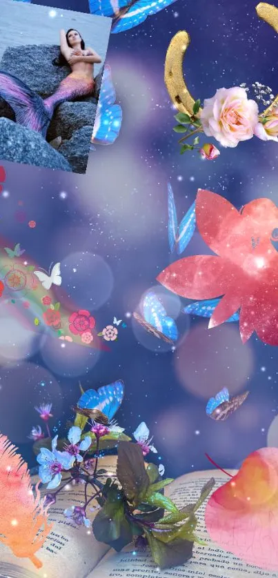 Whimsical wallpaper with mermaid, flowers, and magical elements on a purple background.