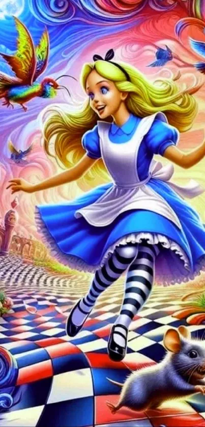 Whimsical fantasy character in colorful wonderland scene.