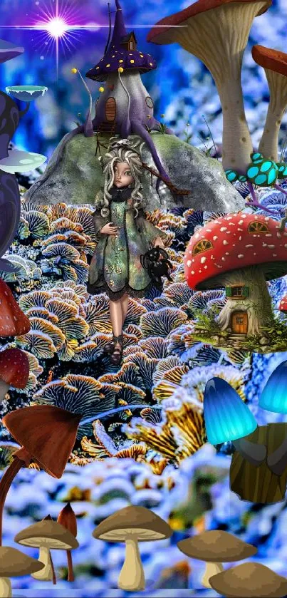 Whimsical fantasy scene with colorful mushrooms and enchanting forest setting.