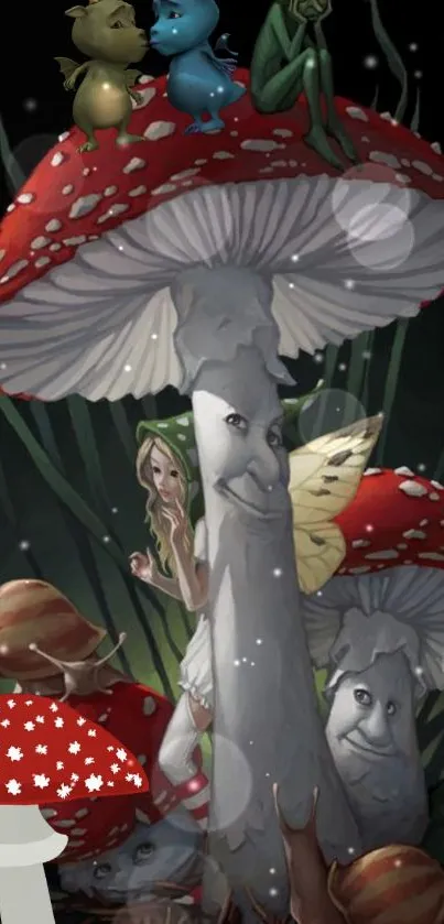 Fantasy scene with mushrooms and creatures in a magical forest setting.